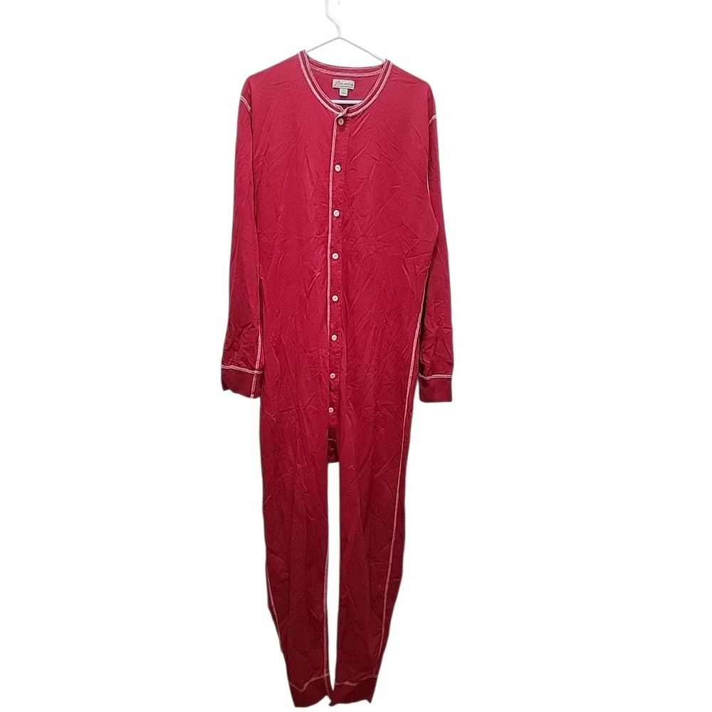 Vintage J CREW Long Johns Knit Sleepwear Red Union Suit. Men's L. 100% Cotton